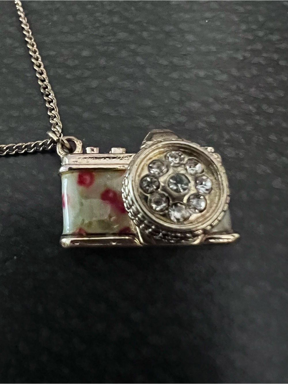 Camera Pendant Necklace with Rhinestones and Red Floral Accent